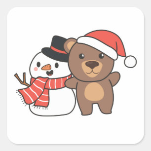 Bear With Snowman In Winter For Christmas Square Sticker