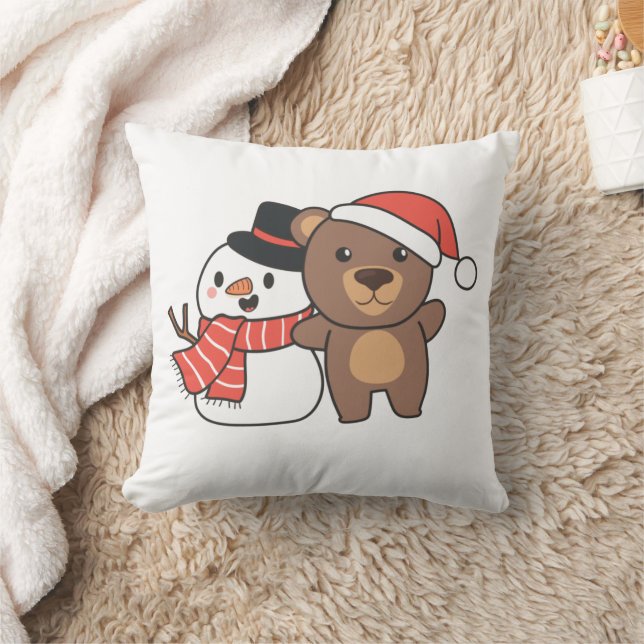 Bear With Snowman In Winter For Christmas Throw Pi Cushion (Blanket)