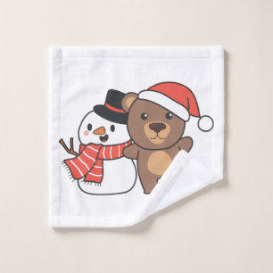 Bear With Snowman In Winter For Christmas Wash Cloth