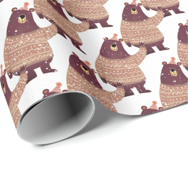 bear with stocking cap and snowflakes wrapping paper (Roll Corner)