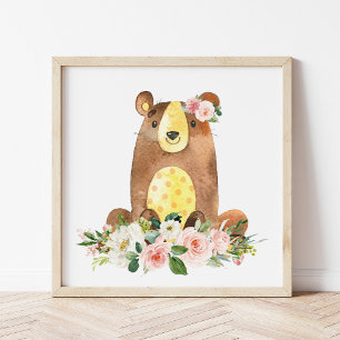 Bear, Woodland Animals, Boho, Pink Flowers Poster
