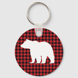 Bear Woodland Buffalo Check Button Keychain