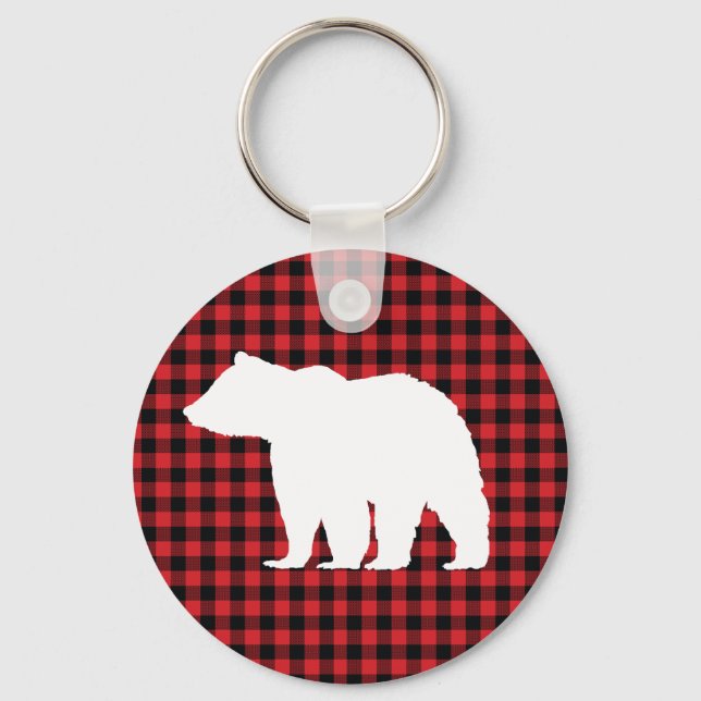 Bear Woodland Buffalo Check Button Keychain (Front)