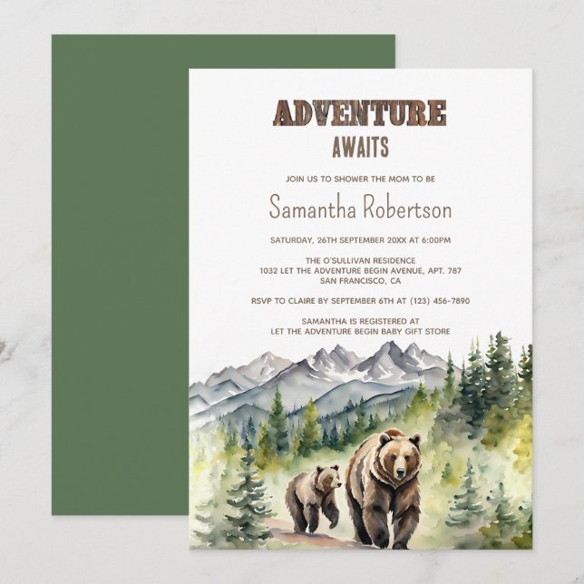 Bear Woodland Forest Adventure Awaits Baby Shower Invitation (Front/Back)