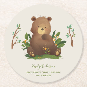Bear • Woodland Forest Animal Rustic Illustration Round Paper Coaster