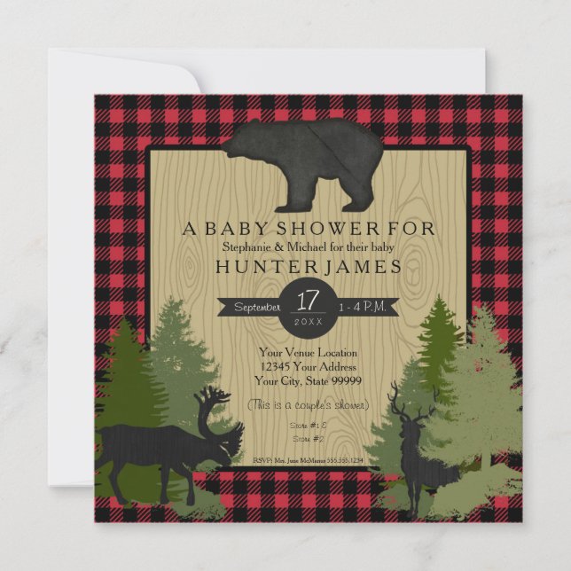 Bear Woodland Forest Lumberjack Plaid Baby Shower Invitation (Front)