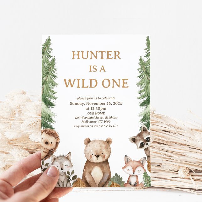 Bear Woodland Wild One 1st Birthday Invitation (Bear Woodland Wild One 1st Birthday Party Invitation Boy, Woodland Wild One Birthday Invitation, )