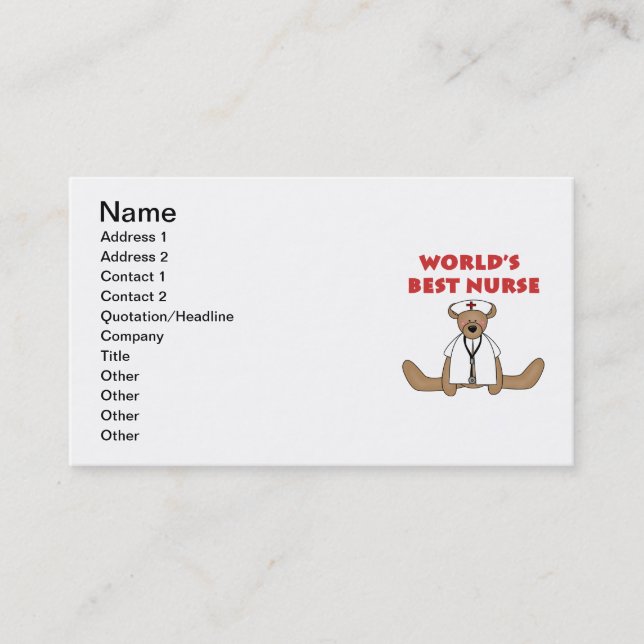 Bear World's Best Nurse T-shirts and Gifts Business Card (Front)