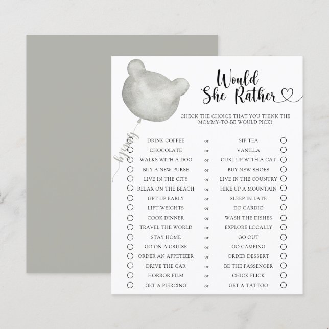 Bear / Would She Rather Baby Shower Game (Front/Back)