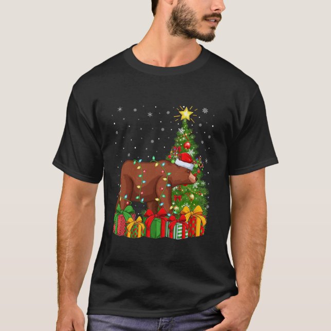 Bear Xmas Tree Lighting Santa Hat Grizzly Bear Chr T-Shirt (Front)