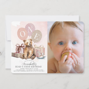 Bear-y 1st Birthday Bear Pink Balloon Girl Photo Invitation