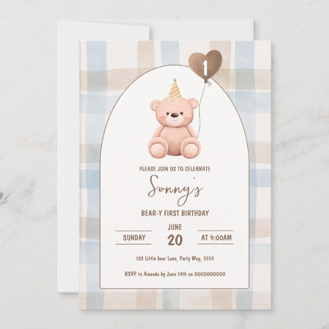 Bear-y First Birthday 1st Party Boho Minimal Bear  Invitation (Front)
