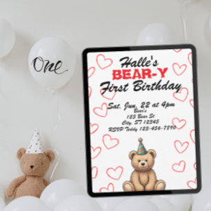 BEAR-Y First Birthday, cute teddy bear birthday Invitation
