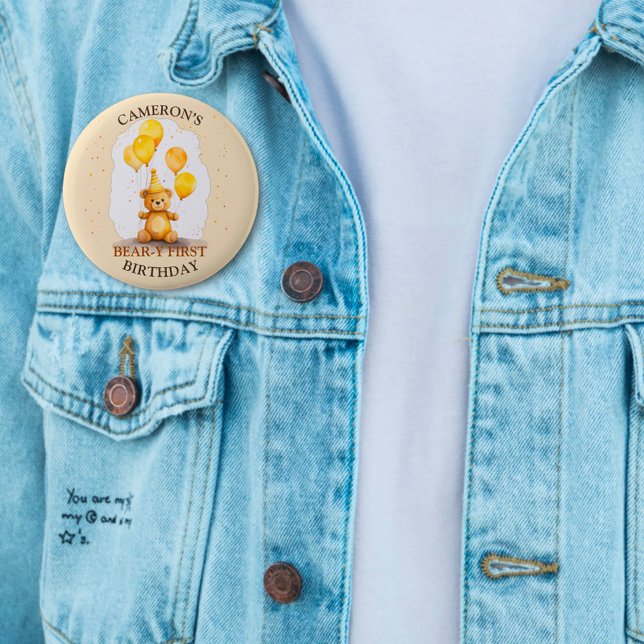 Bear-y First Birthday Gender Neutral Yellow Bear 6 Cm Round Badge (Creator Uploaded)