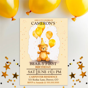 Bear-y First Birthday Gender Neutral Yellow Bear Invitation