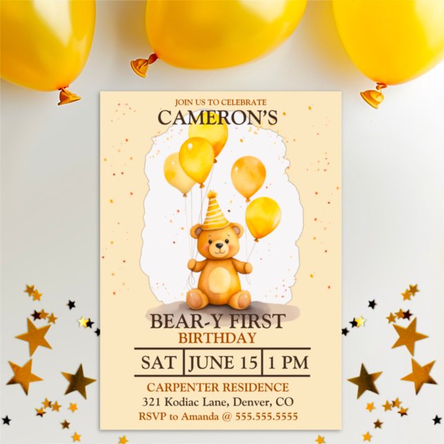 Bear-y First Birthday Gender Neutral Yellow Bear Invitation (Creator Uploaded)