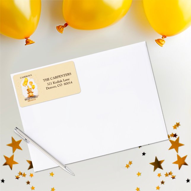 Bear-y First Birthday Gender Neutral Yellow Bear  Label (Creator Uploaded)