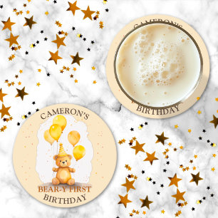 Bear-y First Birthday Gender Neutral Yellow Bear Round Paper Coaster