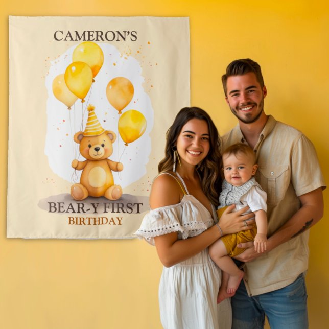 Bear-y First Birthday Yellow Bear Backdrop Tapestry (Creator Uploaded)