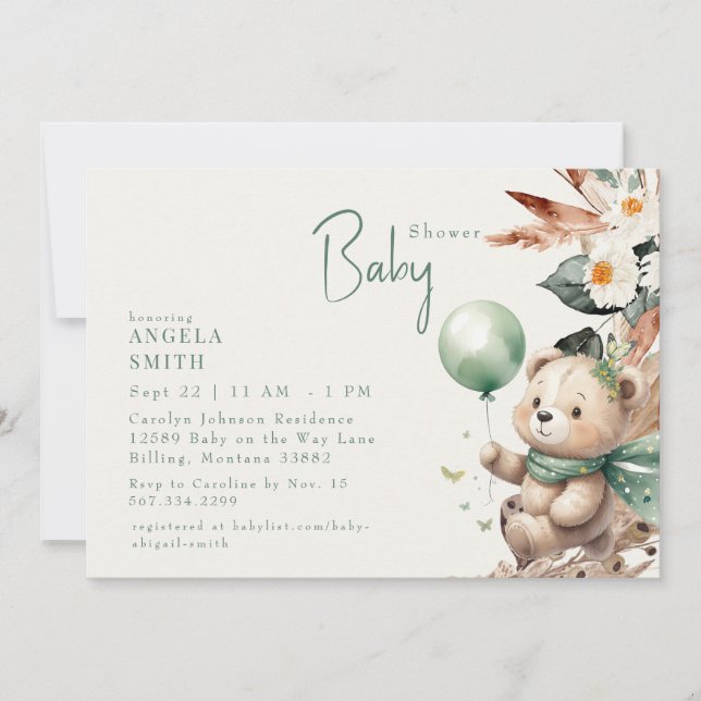 Bear-y Happy Green Boho Baby Shower  Invitation (Front)