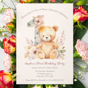 Bear-y Special Spring Floral First Birthday Invitation