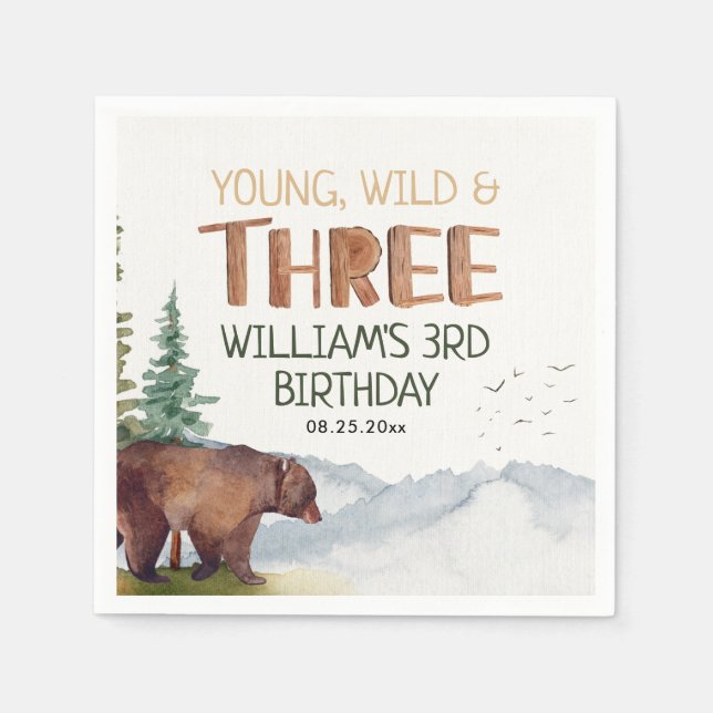 Bear-Young Wild and Three Boys 3rd Birthday  Napkin (Front)