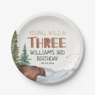 Bear-Young Wild and Three Boys 3rd Birthday Paper Plate