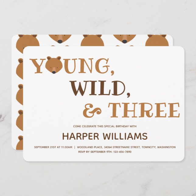 Bear Young Wild Three Kids 3rd Birthday Invitation (Front/Back)