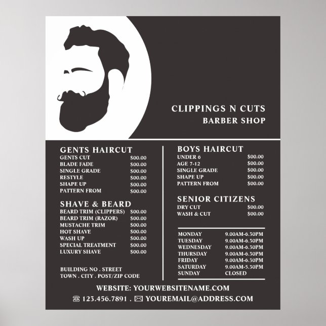 Beard Logo, Men's Barbers Price List Poster (Front)