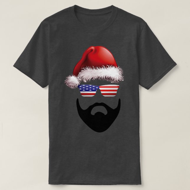 Beard Santa Hat Christmas Flag America T-Shirt (Design Front)