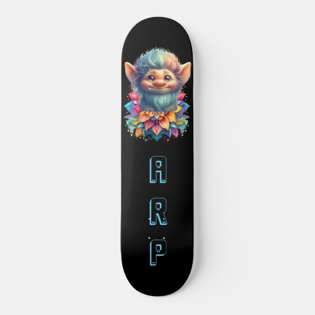 *~* Beard Troll AP89 Neon Rainbow Initials Floral Skateboard (Front)