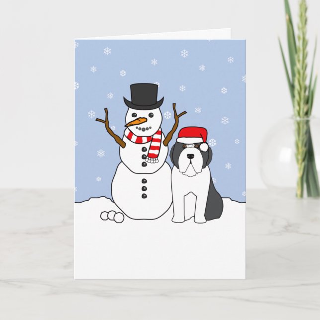 Bearded Collie and Snowman Holiday Card (Front)