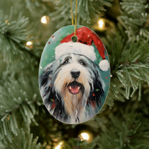 Bearded Collie Christmas brush painting artwork Ceramic Ornament
