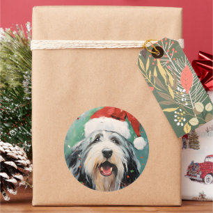 Bearded Collie Christmas brush painting artwork Classic Round Sticker