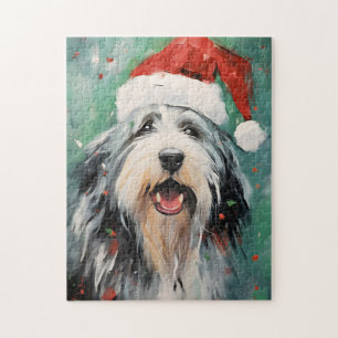 Bearded Collie Christmas brush painting artwork Jigsaw Puzzle