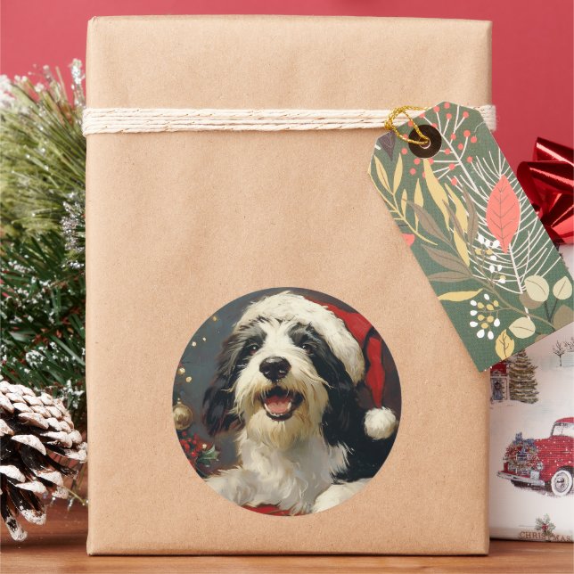 Bearded Collie Christmas Classic Round Sticker (Holiday)