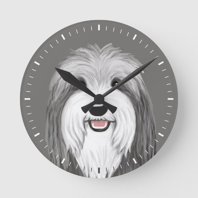 Bearded Collie Cute Dog Drawing Round Clock (Front)