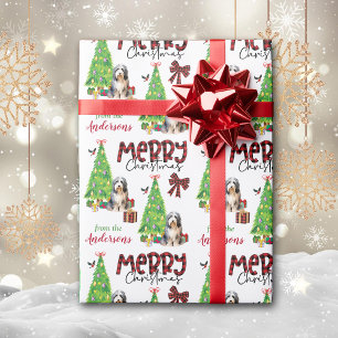 Bearded Collie Dog, Bird, and Christmas Tree Wrapping Paper