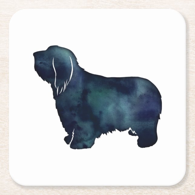 Bearded Collie Dog Breed Black Silhouette Square Paper Coaster (Front)