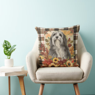 Bearded Collie Dog Fall Watercolor Flowers Cushion