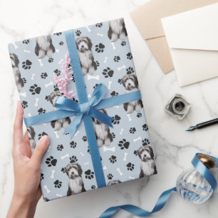 Bearded Collie Dog Paw Print Pattern on Silver Wrapping Paper