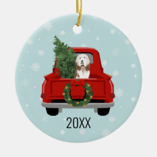 Bearded Collie dog red truck Ceramic Ornament