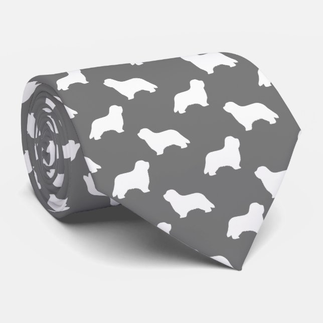 Bearded Collie Dog Silhouettes Pattern Grey Tie (Rolled)