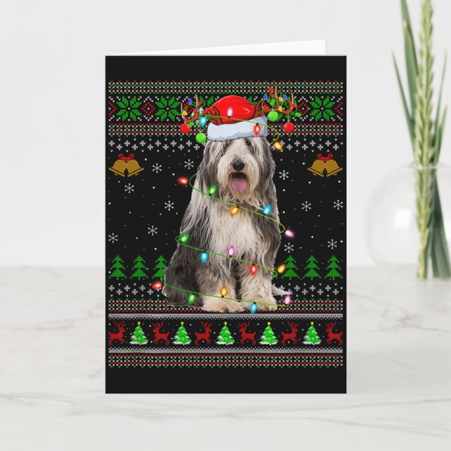 Bearded Collie Dog Ugly Christmas Sweater Holiday  Card (Front)