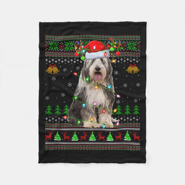 Bearded Collie Dog Ugly Christmas Sweater Holiday  Fleece Blanket (Front)