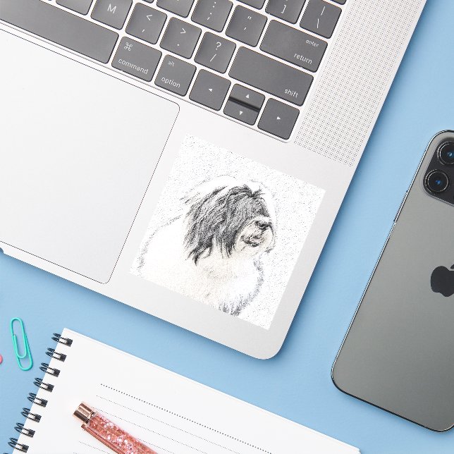 Bearded Collie Drawing - Cute Original Dog Art (Laptop w/ iPhone)