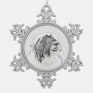 Bearded Collie Drawing - Cute Original Dog Art Snowflake Pewter Christmas Ornament