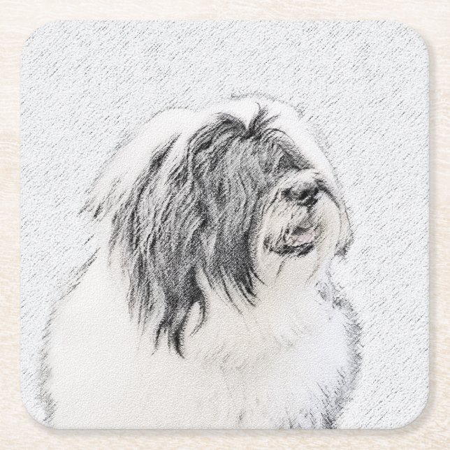Bearded Collie Drawing - Cute Original Dog Art Square Paper Coaster (Front)