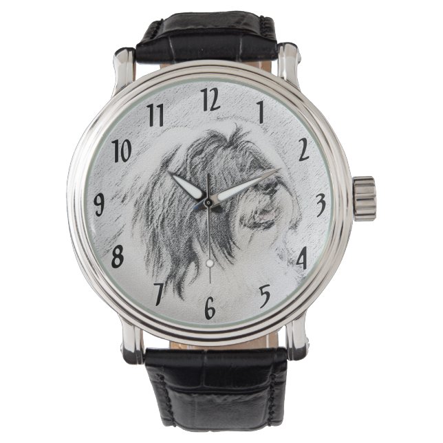 Bearded Collie Drawing - Cute Original Dog Art Watch (Front)