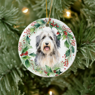 Bearded Collie Holly Wreath Christmas Ceramic Ornament